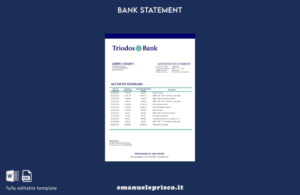 modello word di estratto conto bancario olandese Triodos in stile verificato